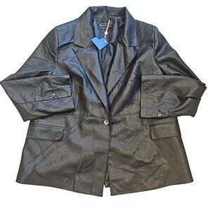 Perspective Black Faux Leather Button Front Collared Jacket Blazer sz 46 NWT